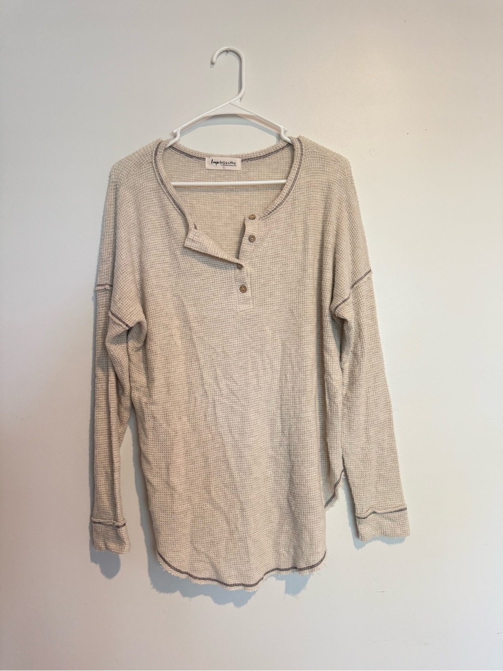 Light Beige Waffle Knit Henley Sweater
